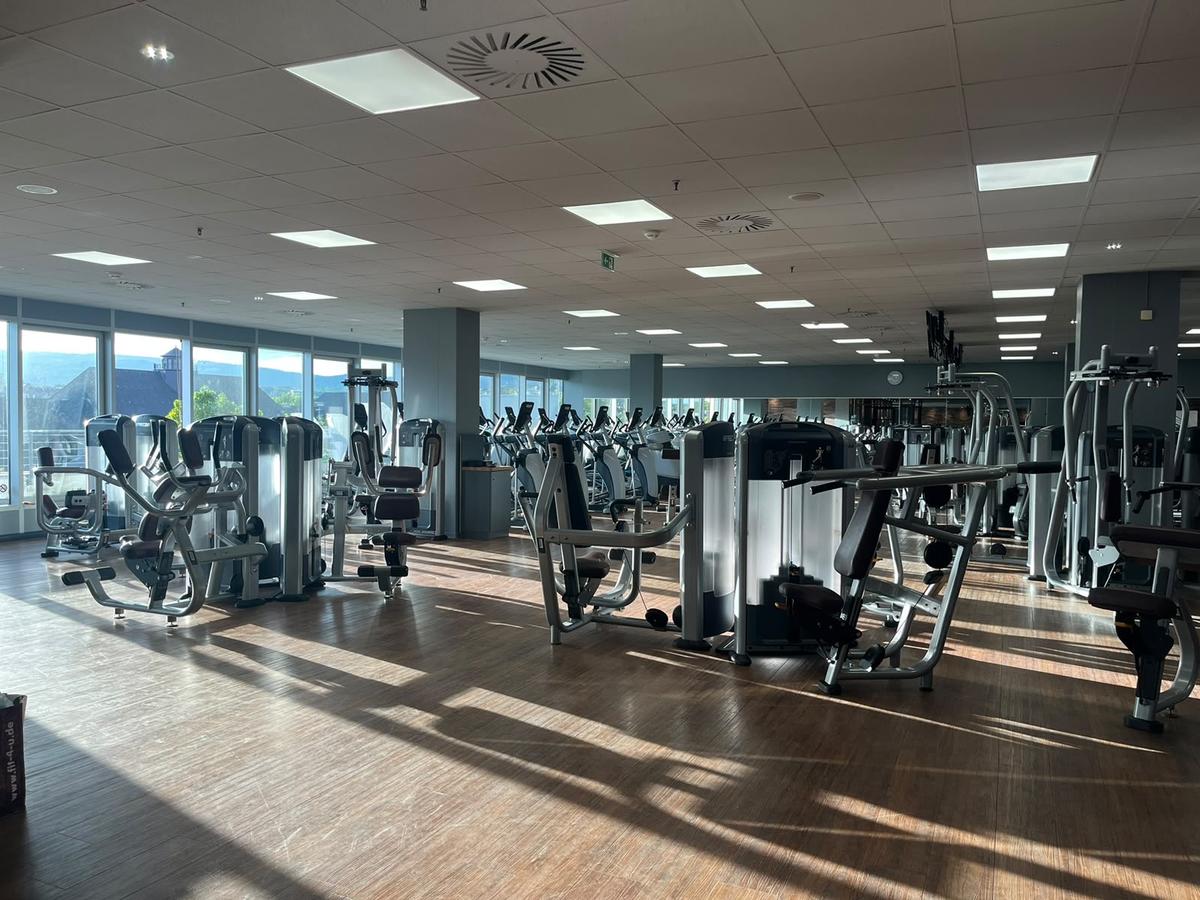 Sonnendurchflutete Trainingsfläche mit Kraftgeräten und Cardio-Reihe an der Fensterfront im F4U Wiesbaden