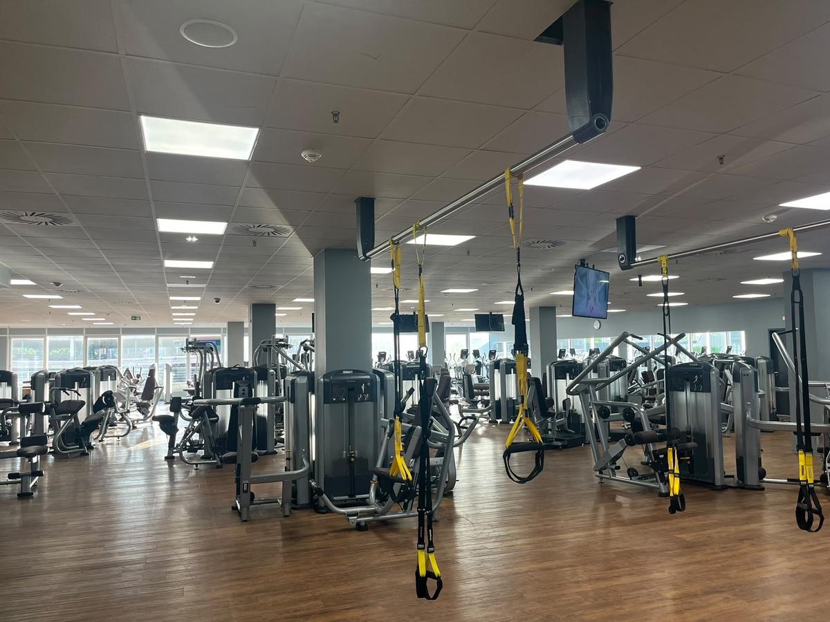 Weite Trainingsfläche mit TRX-Schlingen an der Decke im F4U Wiesbaden