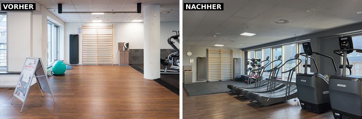 Vorher-nachher-Vergleich der Functional-Fläche im F4U Wiesbaden mit Sprossenwand und Gummimatten